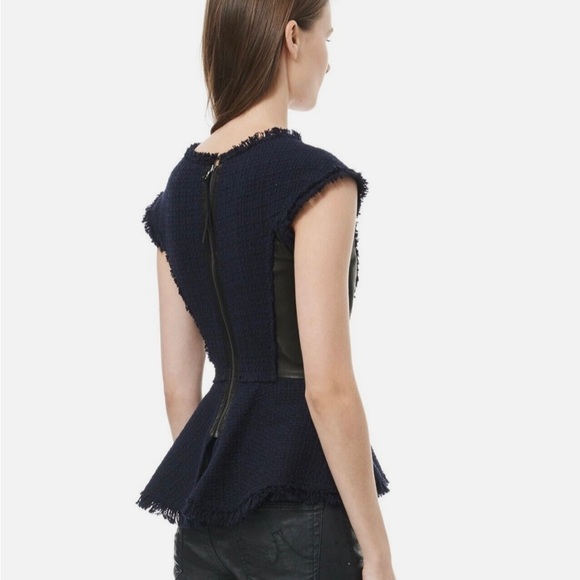 Rebecca Taylor Blue Cotton Blend Tweed Peplum Top w/ Lambskin Size 12 - Picture 2 of 3